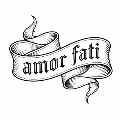 lettering amor-fati tattoo design, black linework flash
