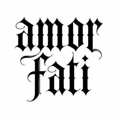 lettering amor-fati tattoo design, black linework flash