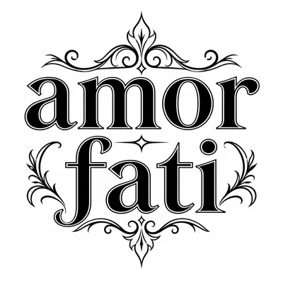 lettering amor-fati tattoo design, black linework flash
