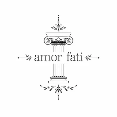 lettering amor-fati tattoo design, black linework flash