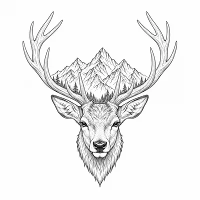 fine line deer tattoo design, black linework flash