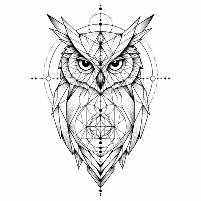 geometric owl tattoo design, black linework flash