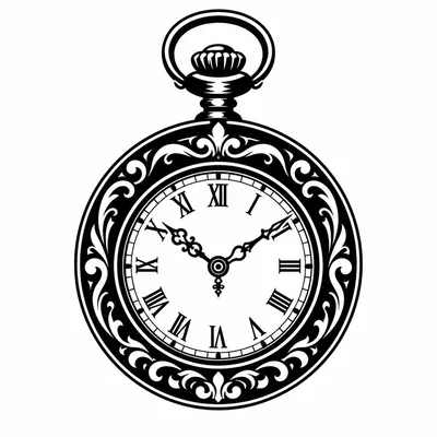 blackwork clock tattoo design, black linework flash