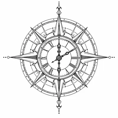 fine line clock tattoo design, black linework flash