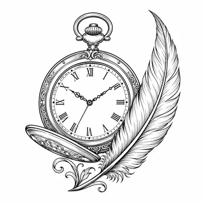 fine line clock tattoo design, black linework flash