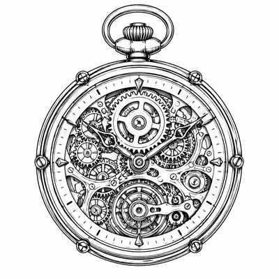 fine line clock tattoo design, black linework flash