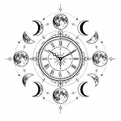 fine line clock tattoo design, black linework flash