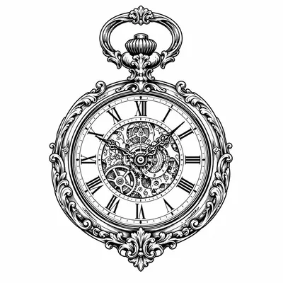 fine line clock tattoo design, black linework flash