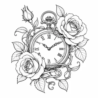 fine line clock tattoo design, black linework flash