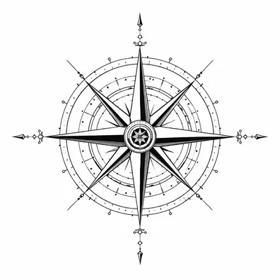 fine line compass tattoo design, black linework flash