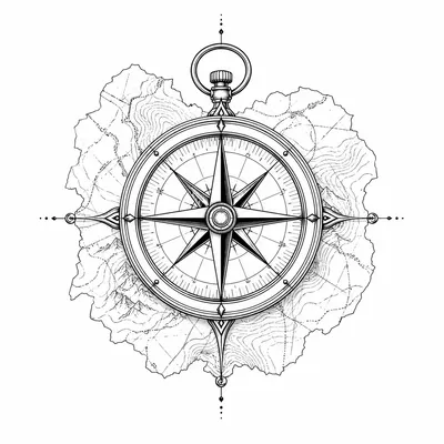 fine line compass tattoo design, black linework flash