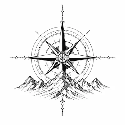 fine line compass tattoo design, black linework flash