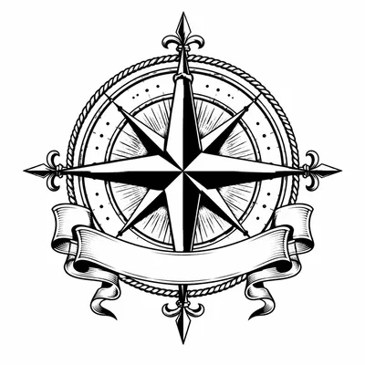 american traditional compass tattoo design, black linework flash