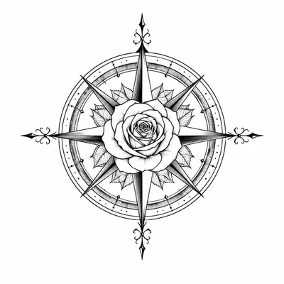 fine line compass tattoo design, black linework flash