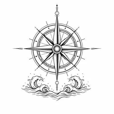 fine line compass tattoo design, black linework flash