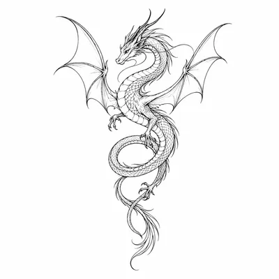 fine line dragon tattoo design, black linework flash