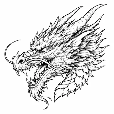 blackwork dragon tattoo design, black linework flash