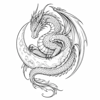 fine line dragon tattoo design, black linework flash