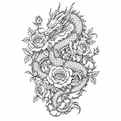 fine line dragon tattoo design, black linework flash