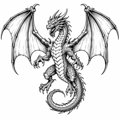 blackwork dragon tattoo design, black linework flash