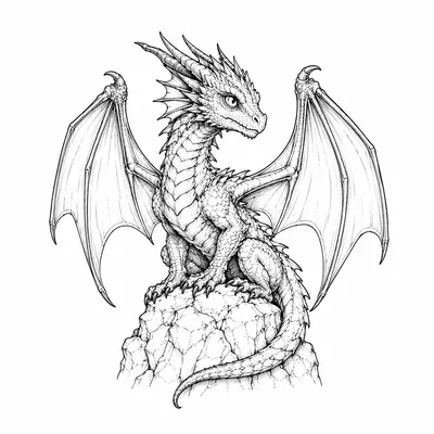 fine line dragon tattoo design, black linework flash