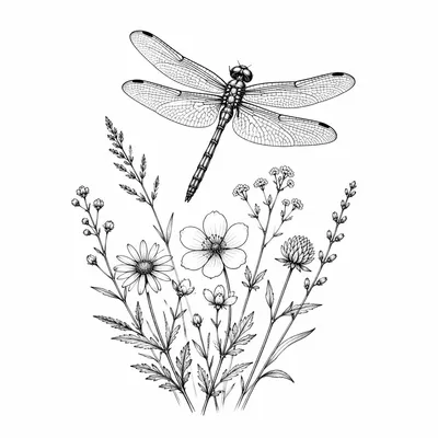 fine line dragonfly tattoo design, black linework flash