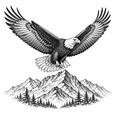 fine line eagle tattoo design, black linework flash