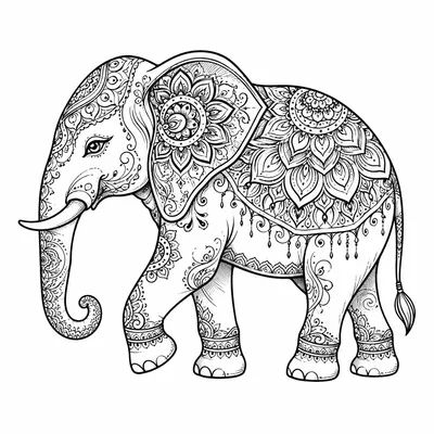 ornamental elephant tattoo design, black linework flash