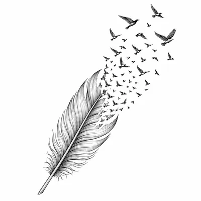 fine line feather tattoo design, black linework flash