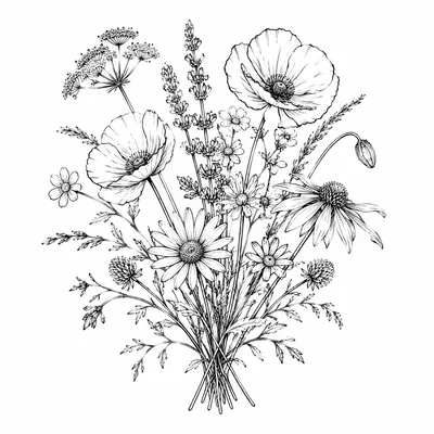 fine line flower tattoo design, black linework flash