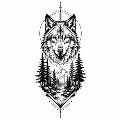 blackwork wolf tattoo design for the forearm, black linework flash