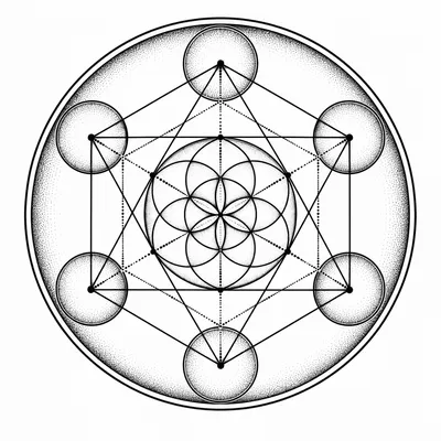 geometric circle tattoo design, black linework flash