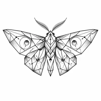 geometric moth tattoo design, black linework flash