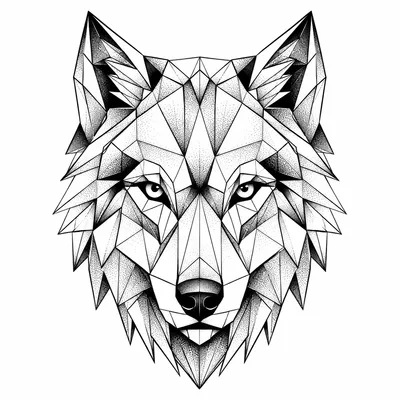 geometric wolf tattoo design, black linework flash
