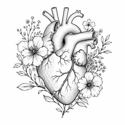 fine line heart tattoo design, black linework flash
