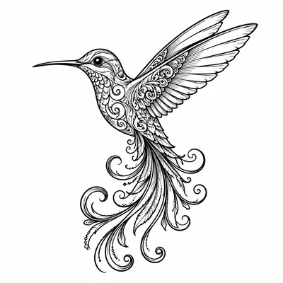 ornamental hummingbird tattoo design, black linework flash
