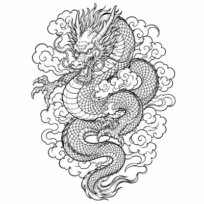 japanese dragon tattoo design, black linework flash