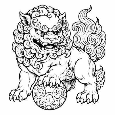 japanese foo-dog tattoo design, black linework flash