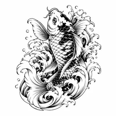 japanese koi tattoo design, black linework flash