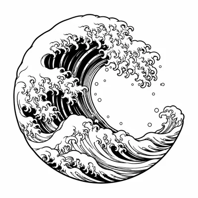 japanese wave tattoo design, black linework flash