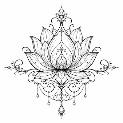 ornamental lotus tattoo design, black linework flash