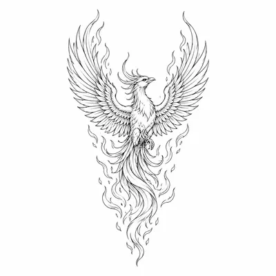 fine line phoenix tattoo design, black linework flash