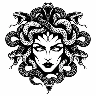 blackwork medusa tattoo design, black linework flash