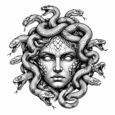 dotwork medusa tattoo design, black linework flash