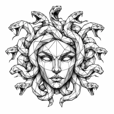 geometric medusa tattoo design, black linework flash