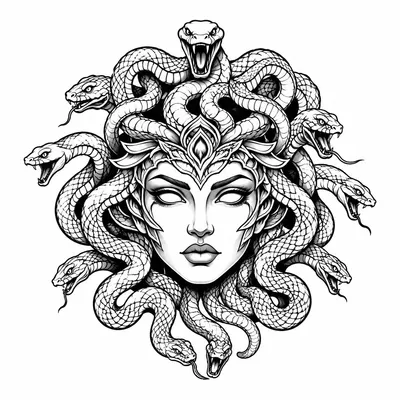 neo traditional medusa tattoo design, black linework flash
