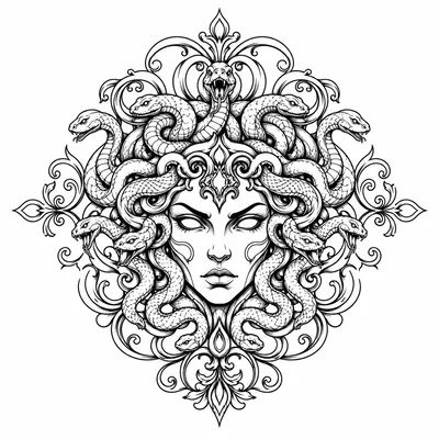 ornamental medusa tattoo design, black linework flash