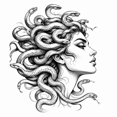 fine line medusa tattoo design, black linework flash