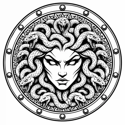 blackwork medusa tattoo design, black linework flash