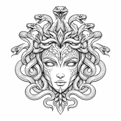 fine line medusa tattoo design, black linework flash